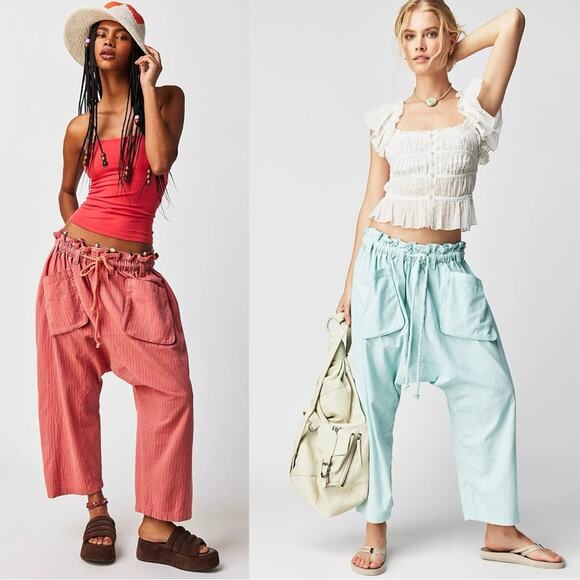 Free People Runyon Oversized Stripe Pants Mustard Medium Harem Bohemian NEW - Picture 7 of 12